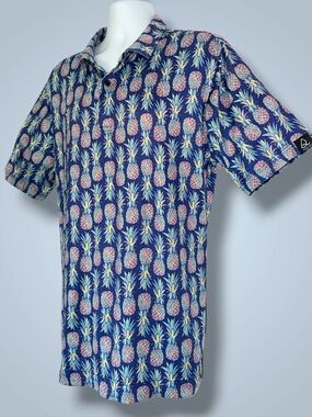 Deolax Pineapple Print Polo Men’s XL Blue Tropical Golf Performance Stretch